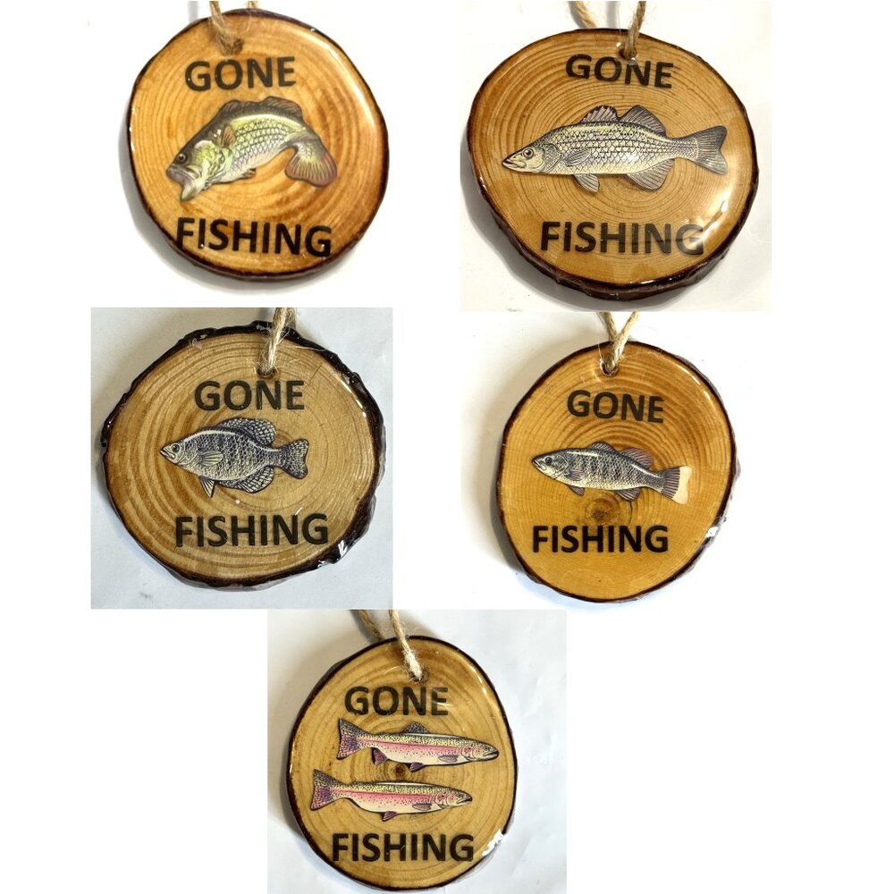 "Gone Fishing" 5 Rustic Wooden Pendant - HAND CRAFTED IN USA, NEW